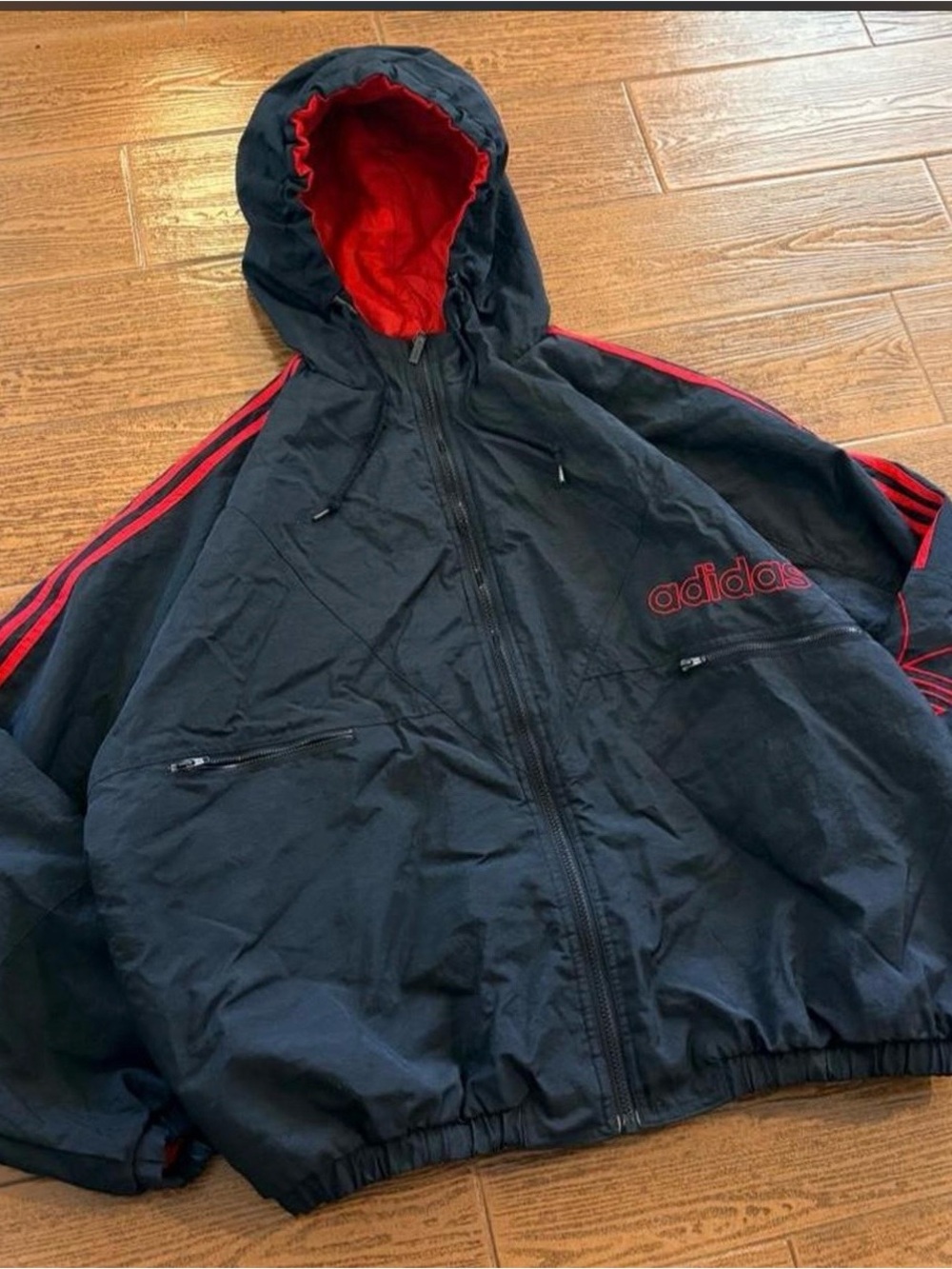 adidas Black Windbreaker Jacket with Red Trim and Lined Hood